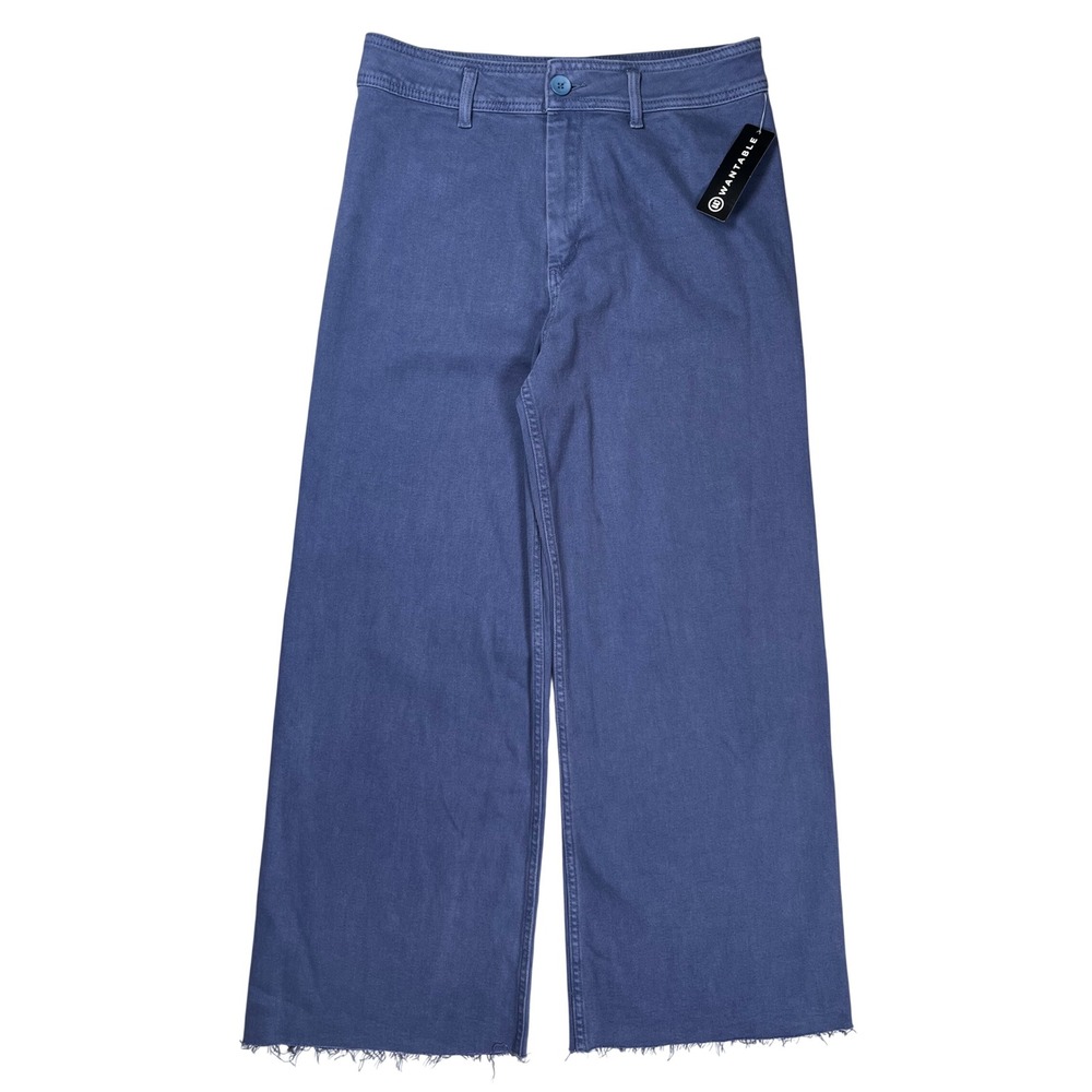 New 78 & Sunny Salty Wide Leg Twill Cropped Pant Women L Blue Raw Hem High Rise